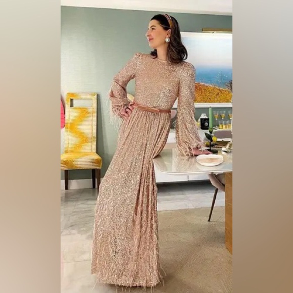 ANTONIO MELANI x Nicola Bathie Rose Gold Sequin Maxi Dress Feather Formal Size 2 - Picture 4 of 14